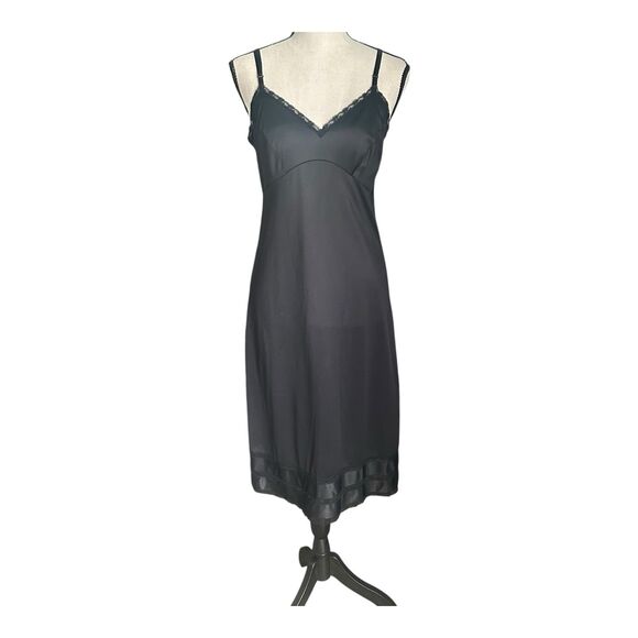 VTG Black Satin Lace Slip Dress Nightgown 90s Y2K Midi Lingerie Goth Romantic S - Picture 1 of 4